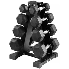 Rubber Coated Hex Dumbbell Weight Set w/ A-Frame Rack