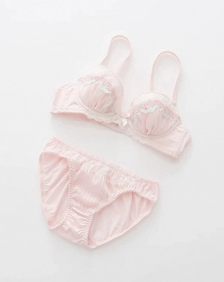 Lindo conjunto de sujetador y bragas con lazo rosa bordado marca japonesa US-34B/JP-C75 Foto 2 de 4