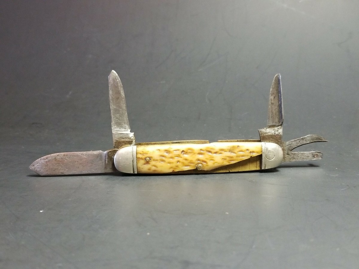 VTG Ulster ARMY ENGINEER US 4 Blade Tool Folding Pocket Knife BONE