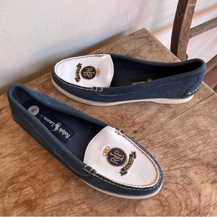 RALPH LAUREN POLO Vtg 80s Nautical Blue White Crest Loafer Deck