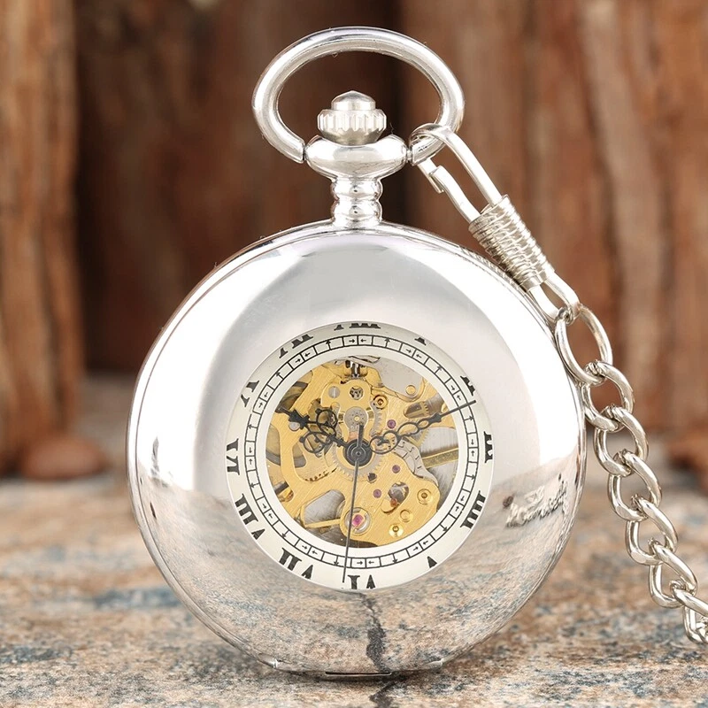 Men s Pocket Watch Mechanical Silver Smooth Case Half Hunter See Through Chain