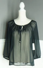NEW Ana A New Approach Womens L Black Mesh Sheer Scoop Tie Neck Top NWT