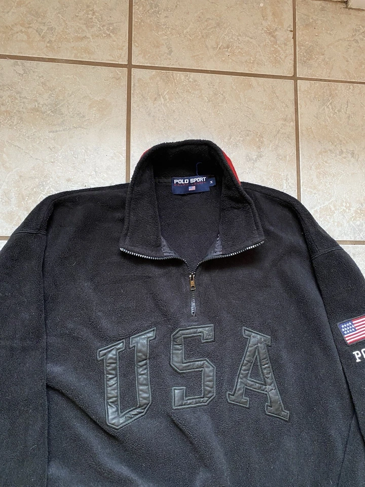 复古 Polo Sport Ralph Lauren 1/4 拉链套衫美国拼字旗 L 码黑色 — 第 2/4 张图片