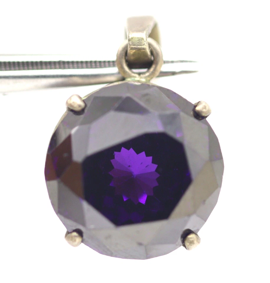 13.40 Grammi Pendente Argento Viola Scuro Lab-Created Ametista Rotondo Gemma - Immagine 3 di 4