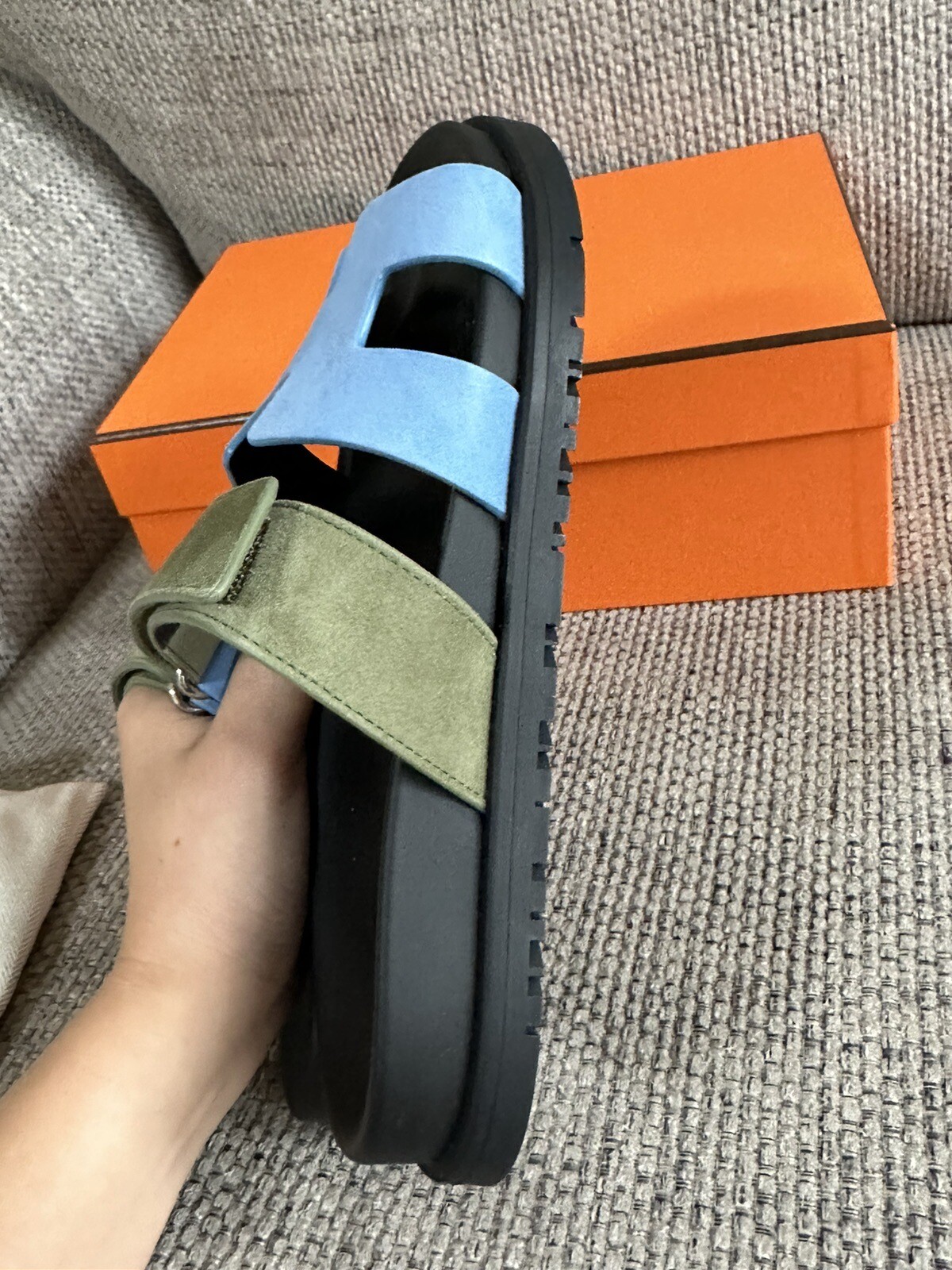 Size 40EU NIB HERMÈS Bleu Cameo / Vert Céladon Women’s Chypre Sandals thumbnail 9