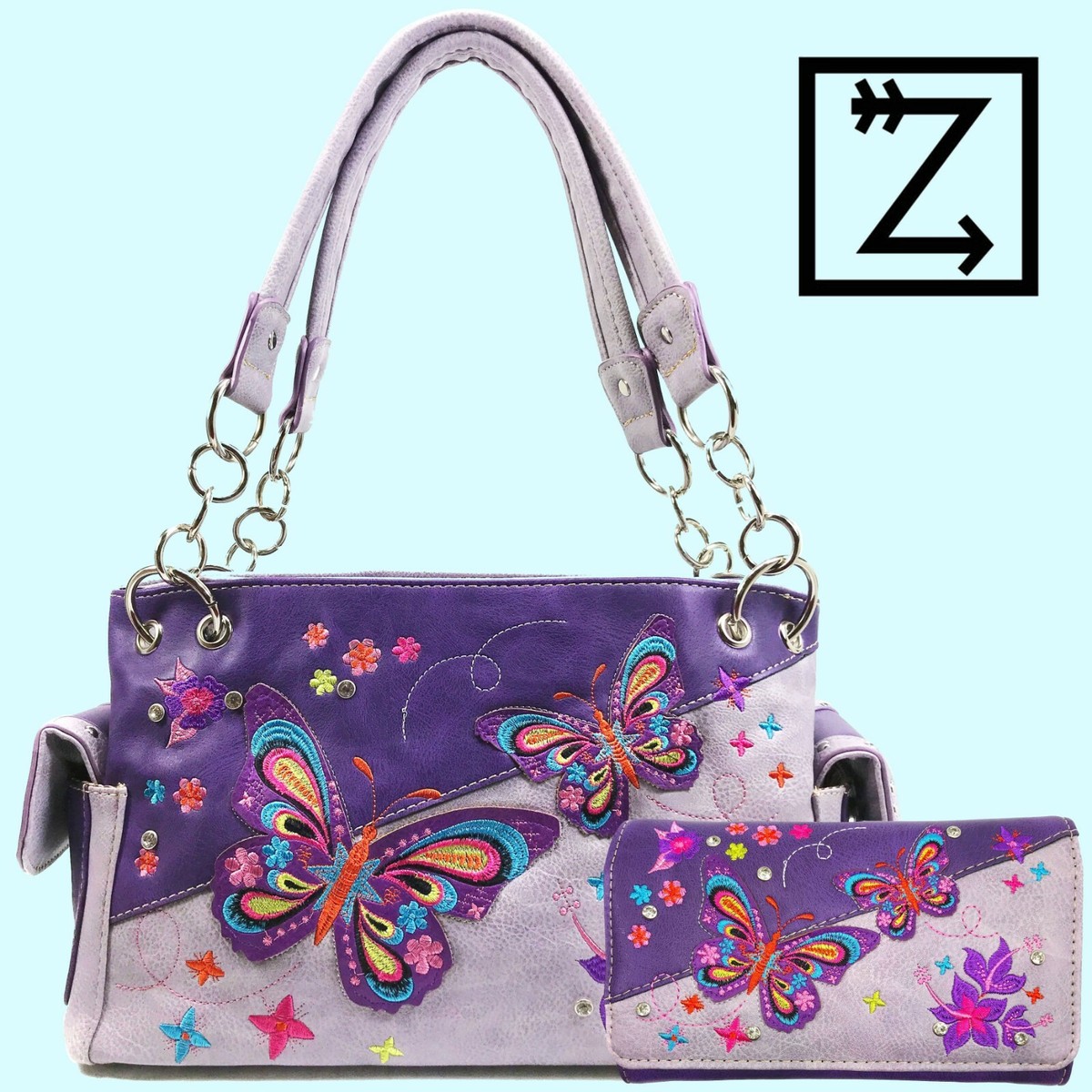 Zelris Butterfly Flower Embroidery Shoulder Handbag - Women's Concealed Carry Purse With CCW Pocket, 13x8x4.5 Inches