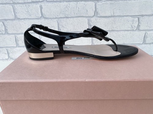 MIU MIU BLACK PATENT LEATHER METAL HEEL BOW FLAT SANDALS - UK 5 / EU 38 ! - Picture 11 of 12