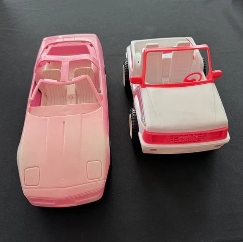 2 Vintage Barbie Cars_Mattel White Jeep 1994_Pink Corvette ~1990_Good / Fair
