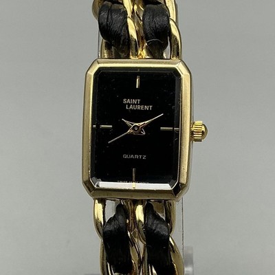 稼働品 Yves Saint Laurent ゴールド ブラック 腕時計 Saint Laurent Womens Watch 18mm Gold Tone Chain Black Leather New