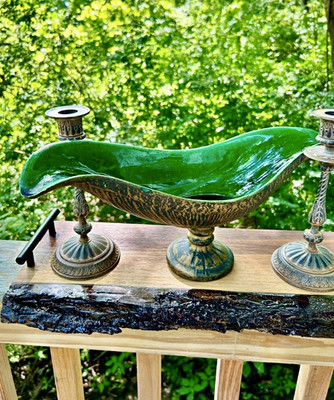 MCM Ceramic Footed Bowl-Green Drip Glaze-Bronze-Cali Pottery Style-16.5  long. 
