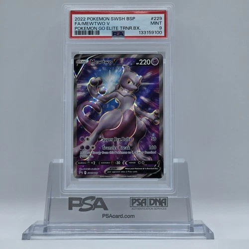2022 Pokemon SWSH BSP Pokemon Go Elite TRNR Box #229 Full Art Mewtwo V PSA 9