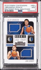 CONTENDERS ROOKIE TICKET DUAL SWATCHES JALEN BRUNSON/LUKA DONCIC ROOKIE RC PSA 9