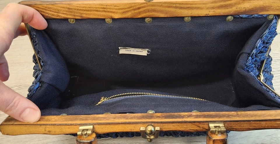 Vintage Retro Woven Raffia Navy Blue Handbag Purse Wood Handle Bohemian Chic MCM - Image 4 of 4