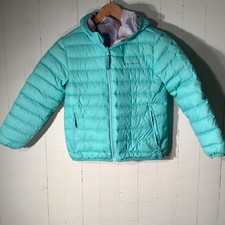 Eddie Bauer Girl Sz S 7/8 Teal /Pink Purple Reversible Down Puffer Jacket