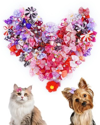 100 Pack Girl Dog Hair Bows with Rubber Bands for Small Dogs Female Puppies Y...