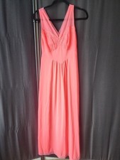 Vintage Coral Pink Nylon V-Neck Nightgown Slip Dress Lace Bodice Empire Waist S