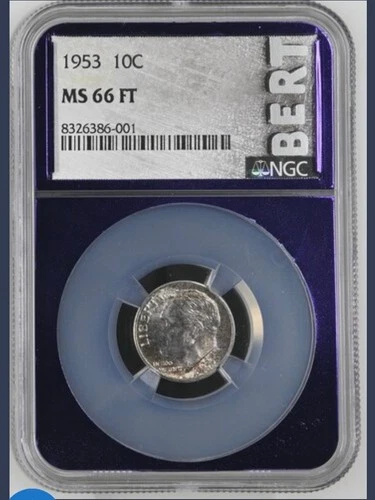 1953 10C SILVER 90% ROOSEVELT DIME NGC MS 66 FT FULL TORCH TRADER BEA BERT LABEL