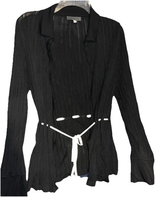 Veritas BLACK Cardigan White Laced Tie BELT Collar Sweater Viscose Silk Womens 6