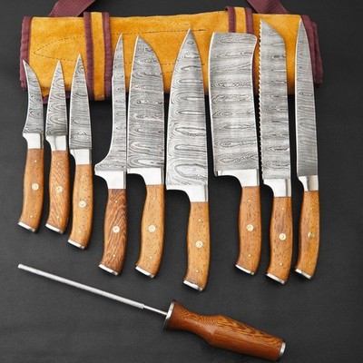 Handmade Damascus Chef Knife Set  10Pcs Professional Kitchen Knives with Rollbag