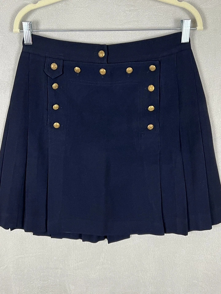 Ralph Lauren Vintage Pleated Skirt 8 Gold Buttons Navy Corset Tie Preppy Wool - Image 3 of 4