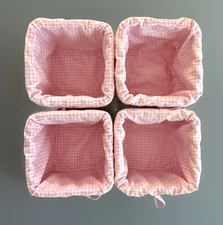 Lot of 4 POTTERY BARN KIDS WHITE SABRINA BASKETS (SMALL) W/PINK GINGHAM LINERS 