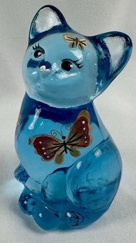 Fenton Light Blue Glass Cat Figure Hand Painted Butterfly Kisses Signed