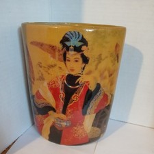 2 Vintage Emperor Ceramic Oval Vases Sitting Empress with matching bamboo vase