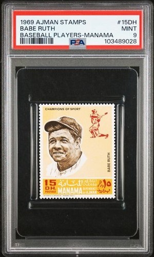 BABE RUTH - 1969 Ajman Stamps 15DH Champions of Sport (Manama Variation) PSA 9