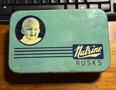 Vintage Nutrine Rusks Biscuits Tin Box Hind Bros Durban Advertising Baby Graphic