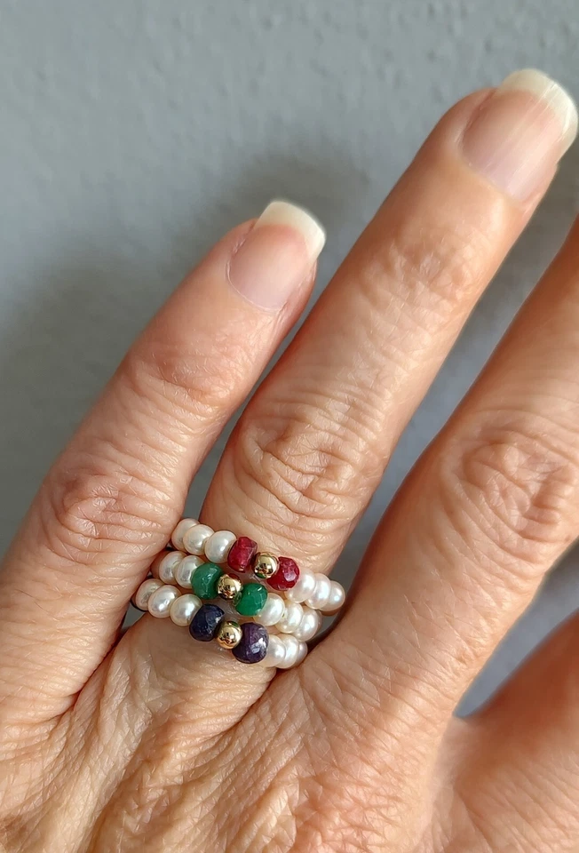 14K Gold Pearl Sapphire Ruby Emerald Stackable Rings - Image 3 of 4