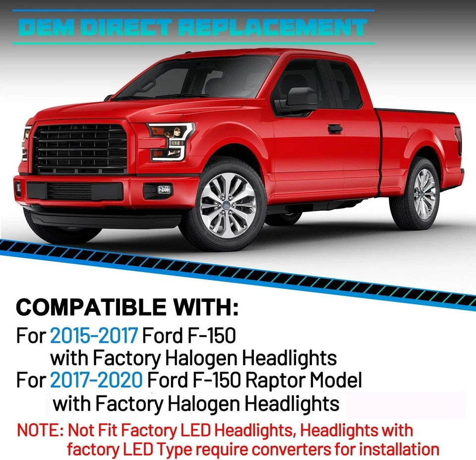 Projector Headlights For 2015 2016 2017 Ford F-150 Black LED DRL Driving Lamps - Изображение 4 из 4