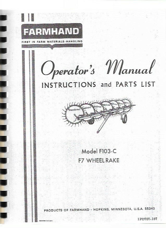 Farmhand F103-C F7 Wheel Rake Owners Operators Manual Parts Catalog | eBay