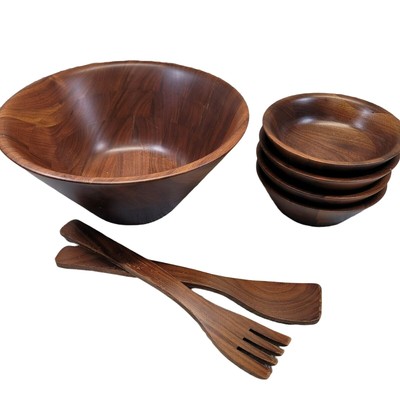 7 Piece Wooden Salad Bowl Serving Mixing Set Fork Spoon MCM Granny Core Vintage