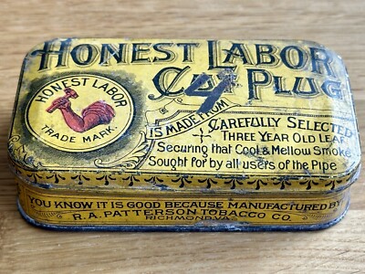 old tobacco box Antique Tobacco Tin Box, Honest Labor Cut Plug 1910s, Lithograph, Richmond