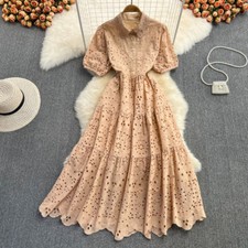 Women A-line Midi Lace Shirt Hollow Out Big Swing Dress Solid Summer Holiday