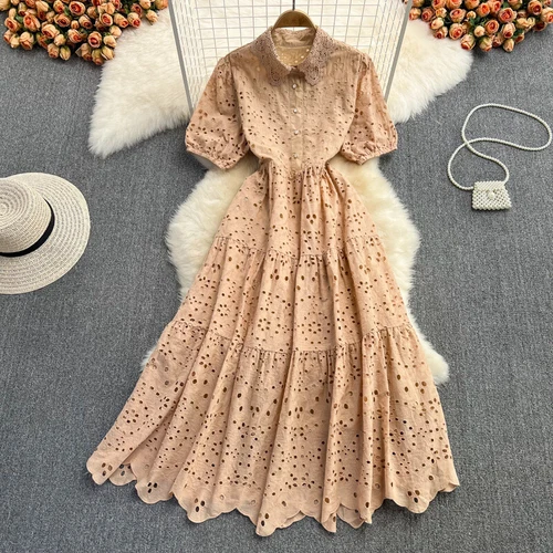 Mujeres Camisa Midi de Encaje Línea A Hueca Grande Swing Vestido Sólido Vacaciones de Verano - Imagen 2 de 25