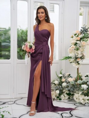 grape bridesmaid dresses Grape Bridesmaid Dresses Straps Ruched Floor Length Sheath Bridesmaid Dress  With Slit