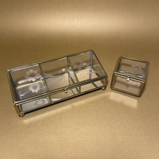 Set/2 Brass Glass Footed Display Jewelry Trinket Box Hinged Lid Etched Flower