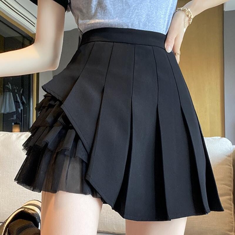 Women A Line Pleated Short Mini Skirt Irregular Ruffle Mesh 