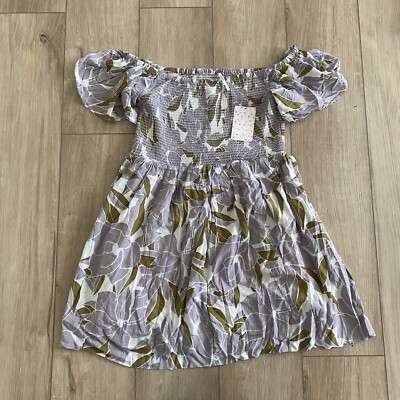 NWT Free People Off The Shoulder Dress Short Sleeve Mini Dress Floral Neutral