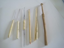 Lacemaking Bone Wood Carved Bodkin Lace Bobbins Double Hook Lot 7