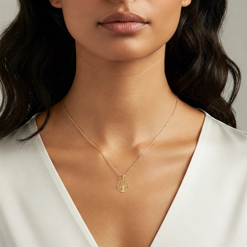 Collar con dije colgante amuleto árbol de la vida oro amarillo macizo real de 14K 18 pulgadas Foto 2 de 4