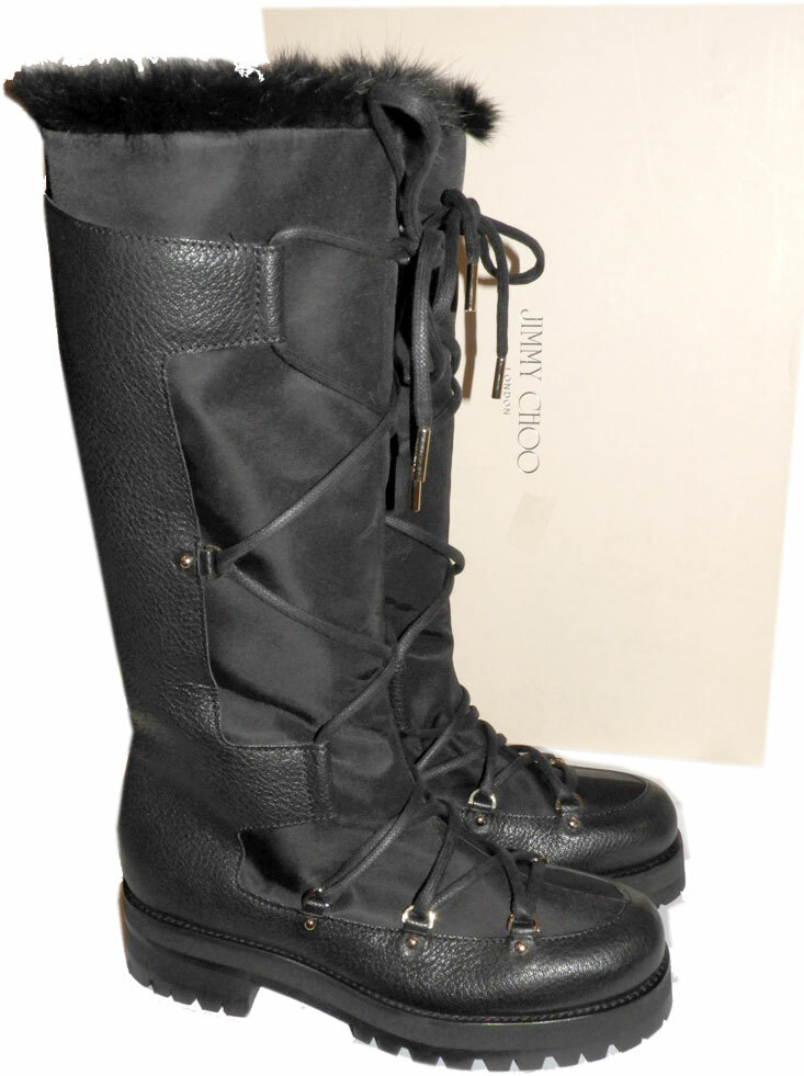 Sz 35 Jimmy Choo Black Tall Knee High Dunn Boots Rabbit Fur Lined