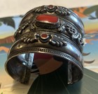 Vintage Asian Handmade Silver Tone Red Stone Wide Cuff Bracelet — photo 9