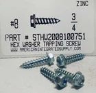 #8x3/4 Hex Washer Head Tapping Screws Steel Zinc Plated (100)