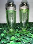 Beautiful Vtg Florentine Uranium Green Depression Glass Salt & Pepper Shakers
