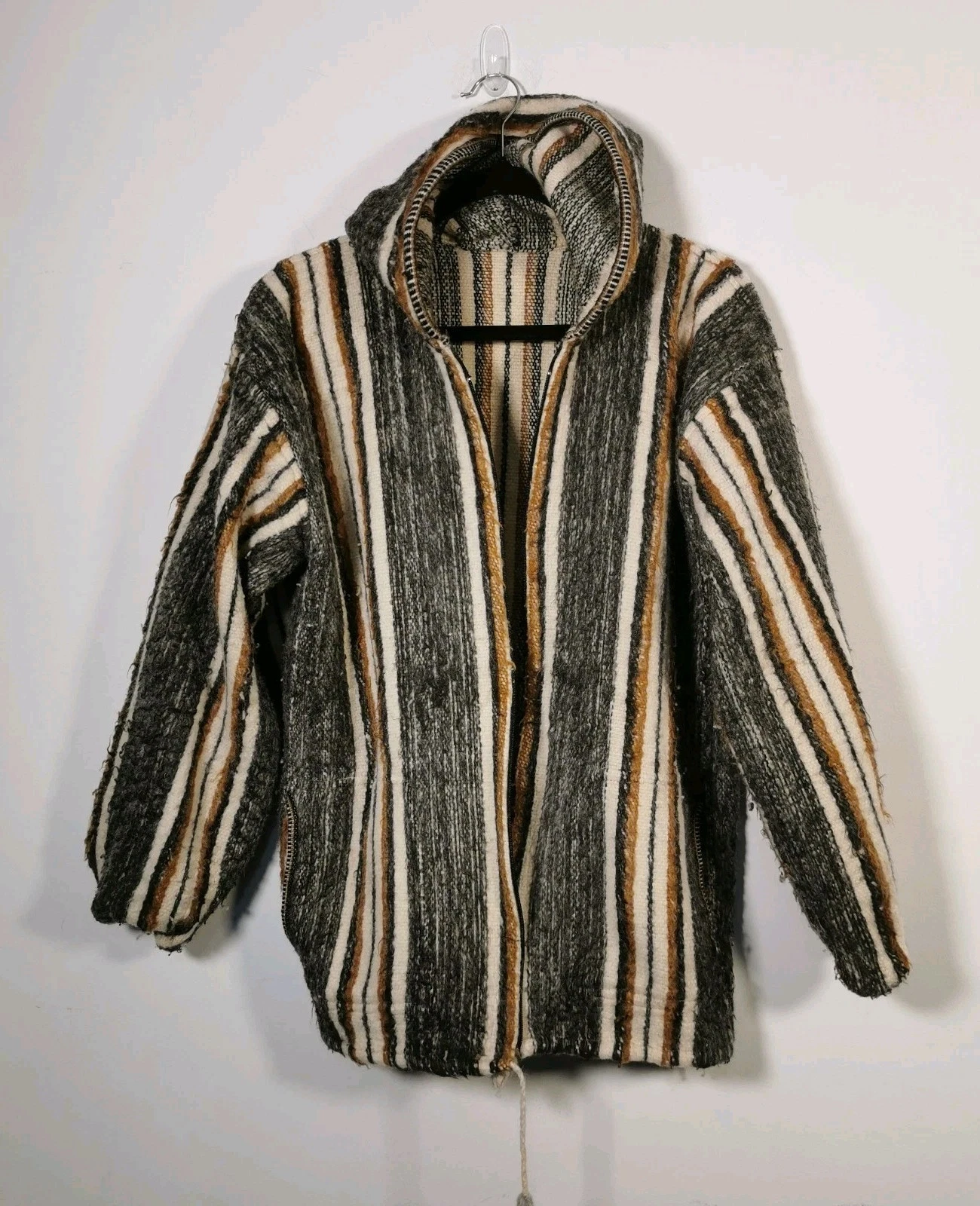 Peruvian Alpaca Wool Poncho Hooded size Medium Grey brown cream striped
Opens in a new window or tab