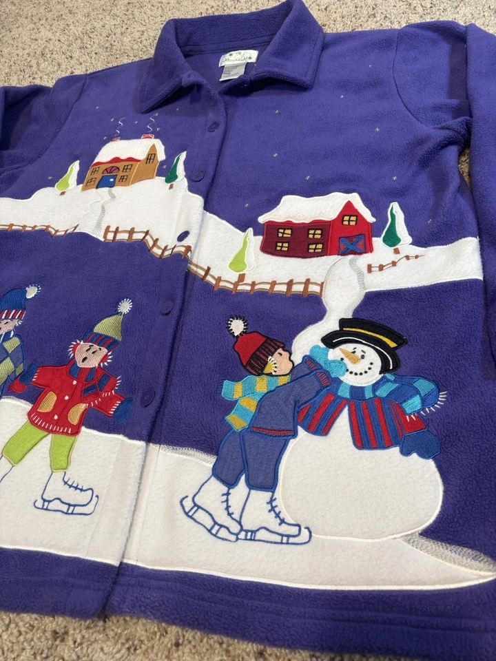 VTG  Quacker Factory Christmas Snow Cardigan Fleece Womens Med Purple Jacket - Image 3 of 4