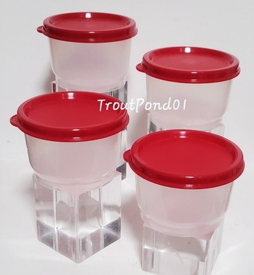 TUPPERWARE Snack Cups Set of 4 Lunch Box 4 oz Bowls Sheer w/  Red Lids New
