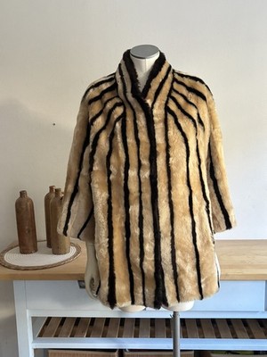 VINTAGE PIERRE CARDIN Paris Kunstfellmantel Streifenmuster braun beige M/L Luxus